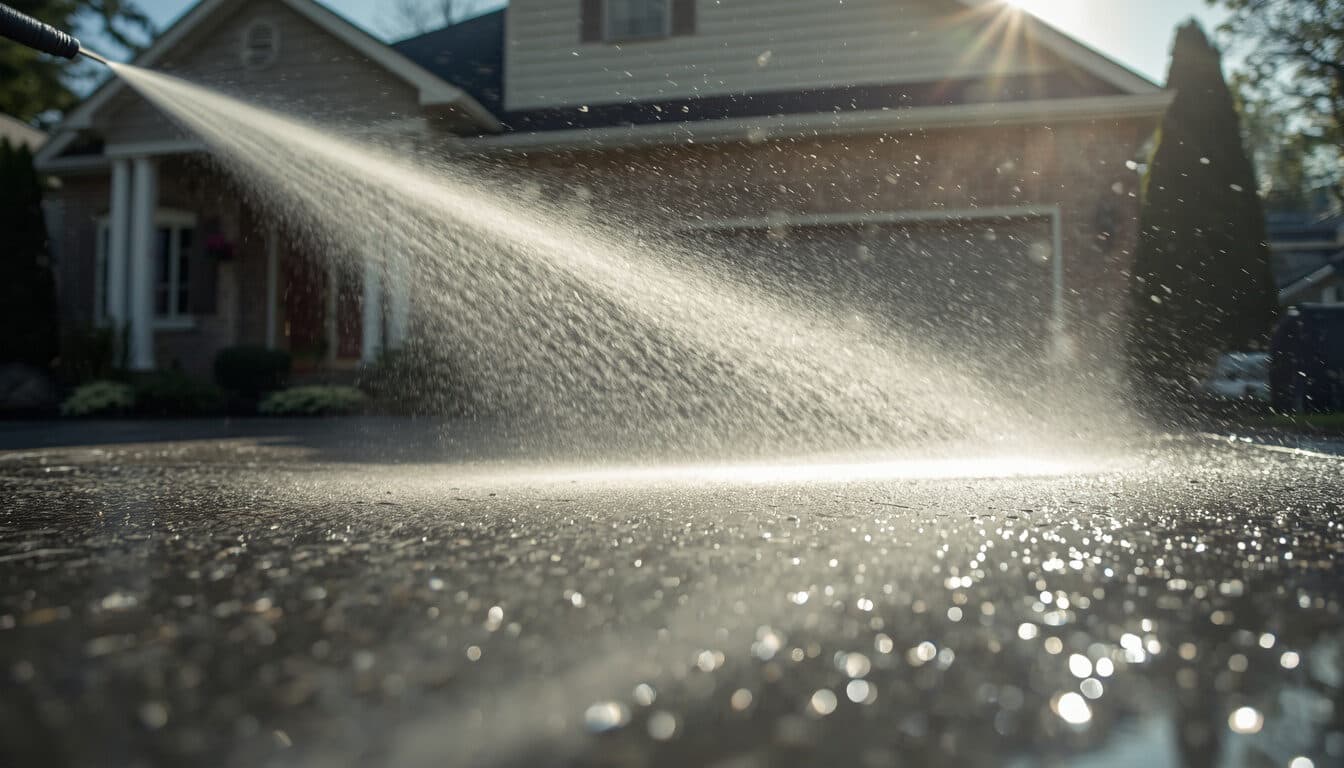 Pressure washing a driveway in front of a Los Angeles home