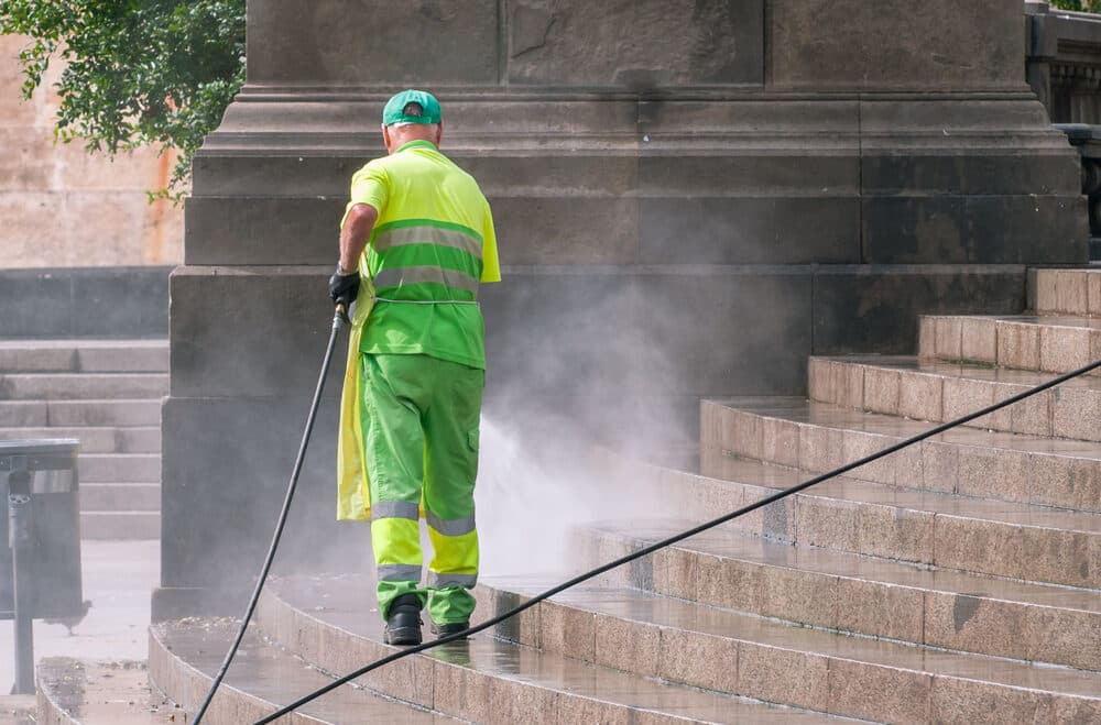 Stone steps being pressure washed